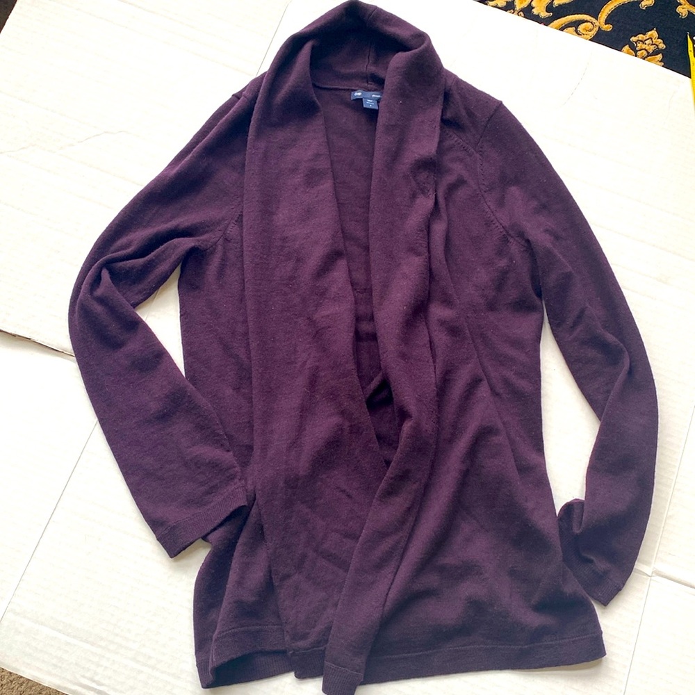 GAP Soft 100% Wool Open Cardigan S Purple EUC shawl collar sweater